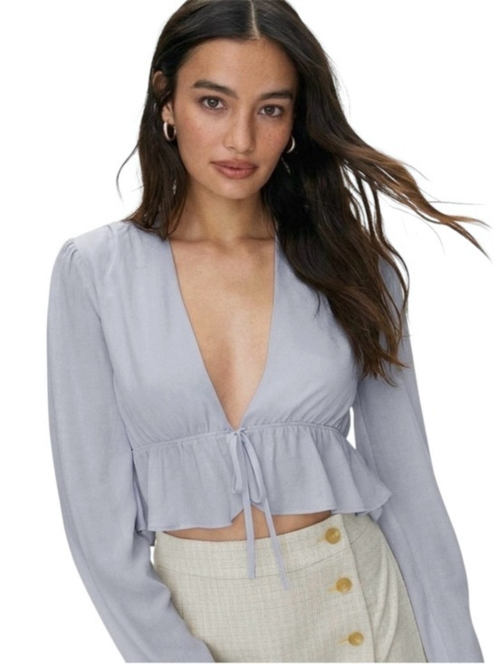 NWT Aritzia Sunday Best Kimberly Blouse Powder Baby Blue Crop Tie Front S